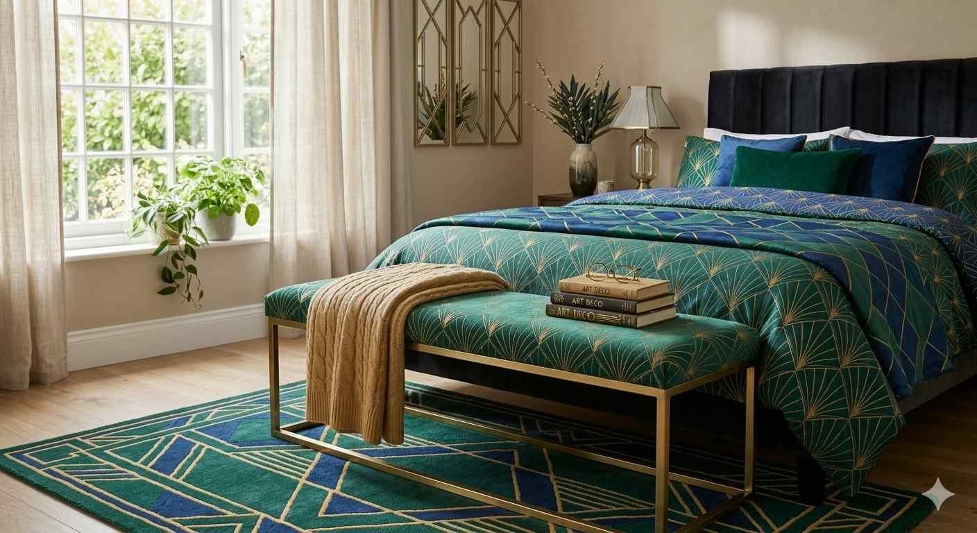 Emerald & Gold Art Deco Statement Bedroom Bench